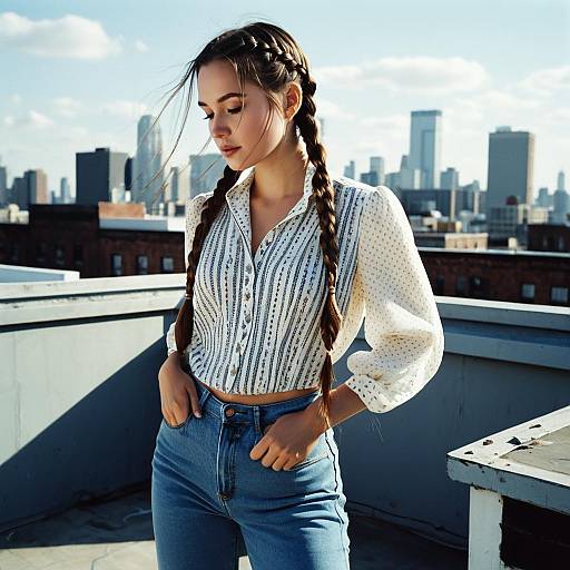 Young Woman with Braided Hair on Urban Rooftop in Stylish Casual Outfit