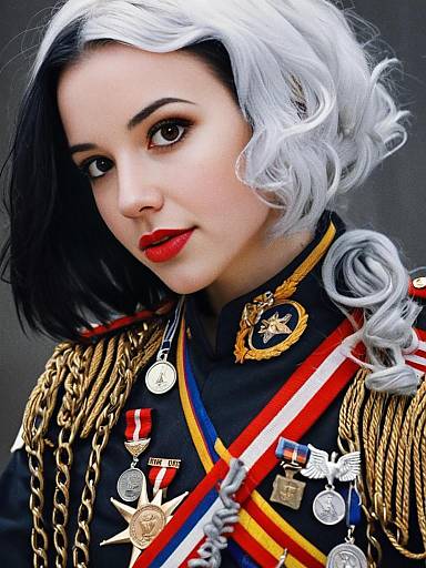Woman in Elaborate Military Uniform with Half Black and White Hair