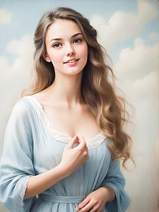 Young Woman in Blue Dress with Wavy Hair