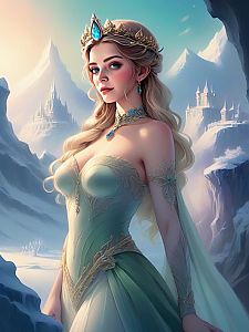 Regal Woman in Fantasy Gown Against Icy Mountains