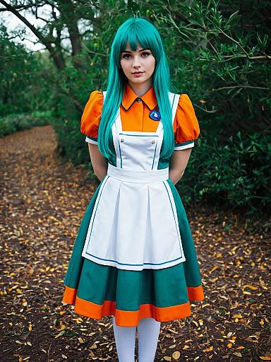 Woman in Vintage Style Dress with Teal Hair Standing on Forest Path