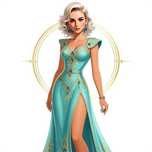 Elegant Woman in Turquoise and Gold Embroidered Gown Digital Illustration