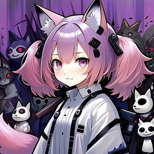 Anime Girl with Fox Ears and Mysterious Cat Figures Artwork