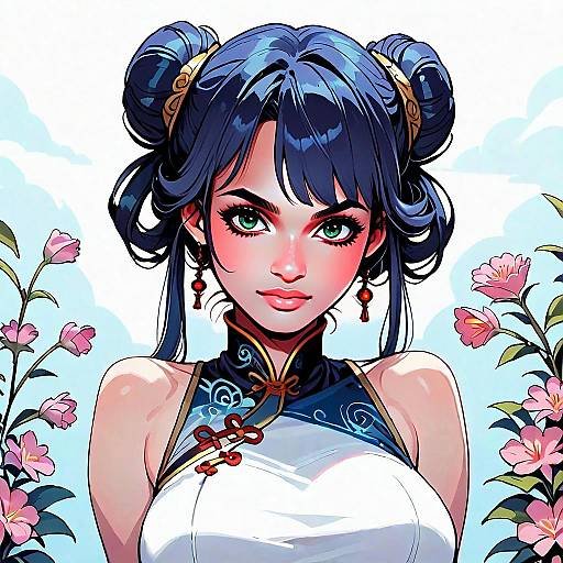 Anime Style Portrait of Woman in Traditional Chinese Dress with Floral Background