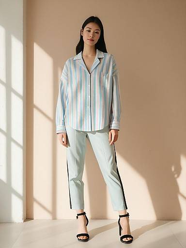 Woman in Contemporary Chic Oversized Light Blue Striped Shirt with Tailored Pants