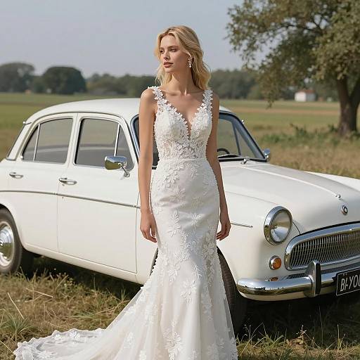 Elegant Blonde Woman in Lace Wedding Dress with Vintage Car Outdoors