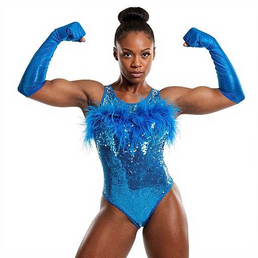 Strong Woman in Blue Sequined Feathered Bodysuit Flexing Muscles