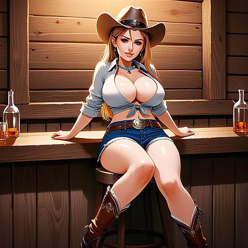 Illustration of a Modern Cowgirl Sitting on Bar Stool in Rustic Western Setting