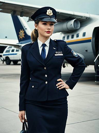 Woman Police Officer in Uniform Standing by Airplane on Airport Tarmac