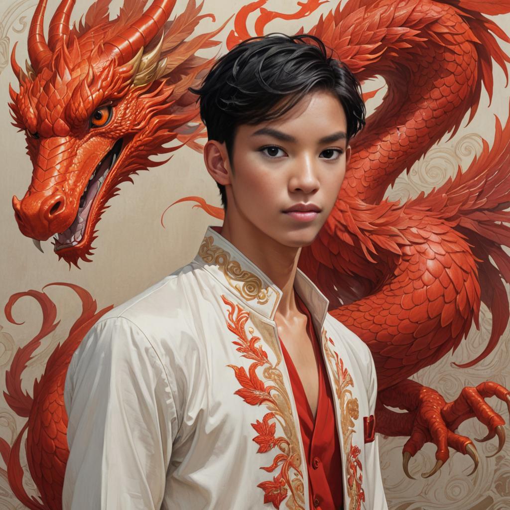 Young Asian Man with Phoenix Eyes Against Red Phoenix