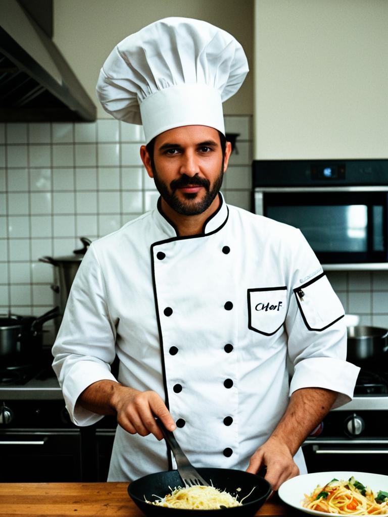 Professional Man Chef in Traditional Chef Costume Preparing Pasta Dish