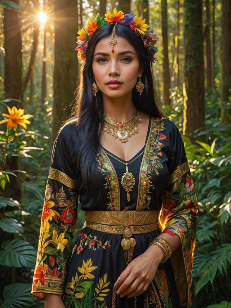 Indigenous Woman in Traditional Attire in Forest