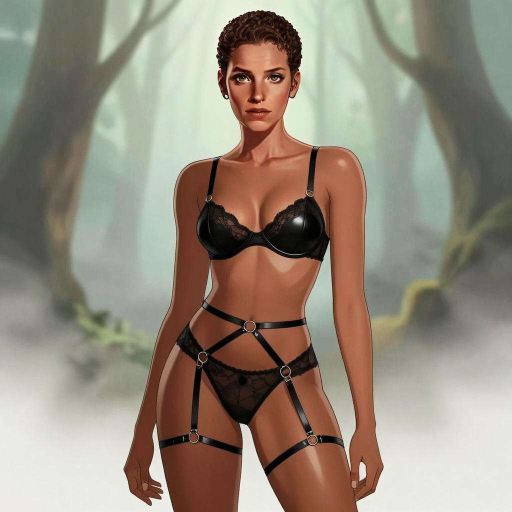 Stylish Digital Illustration of Woman in Black Lace Lingerie with Harness Straps