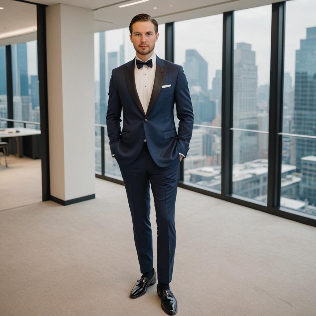 Stylish Man in Blue Suit with City View