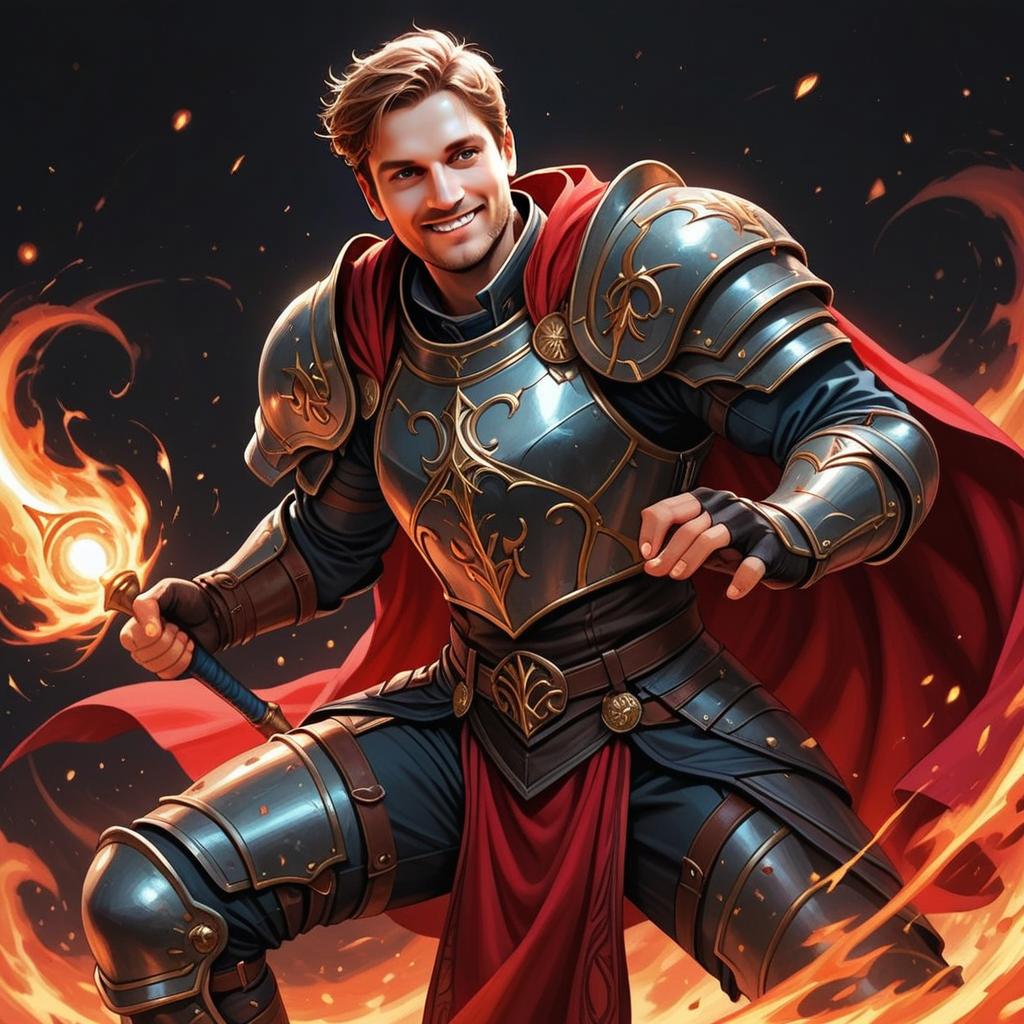 Confident Knight in Medieval Armor with Flaming Sword