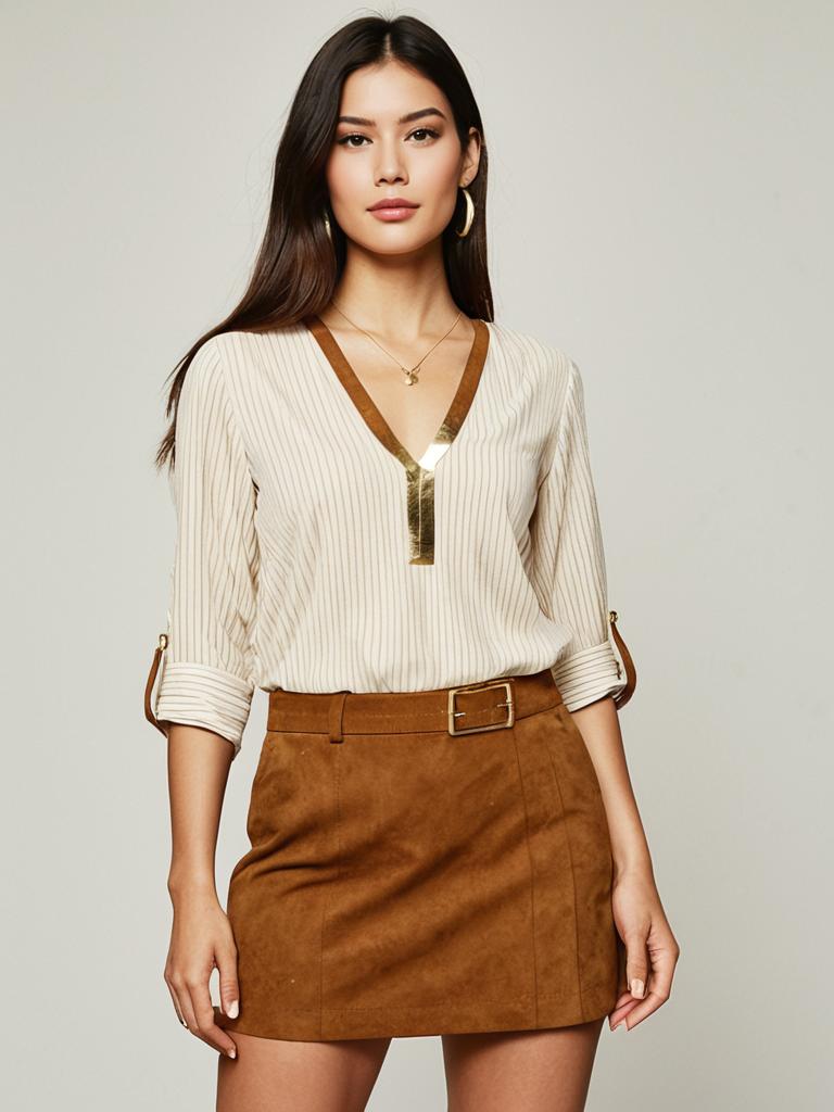 Woman in Beige Striped Blouse with Gold V-Neck Detail and Brown Suede Skirt