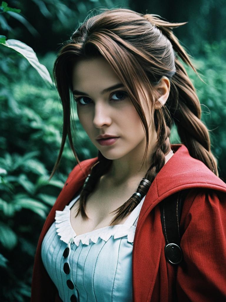 Woman in Aerith Cosplay Costume Cinematic Realism Portrait