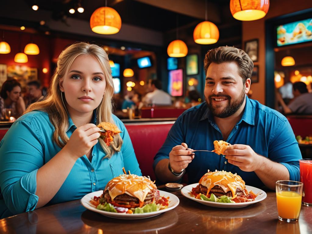 Couple Enjoying Oversized Burgers in Restaurant