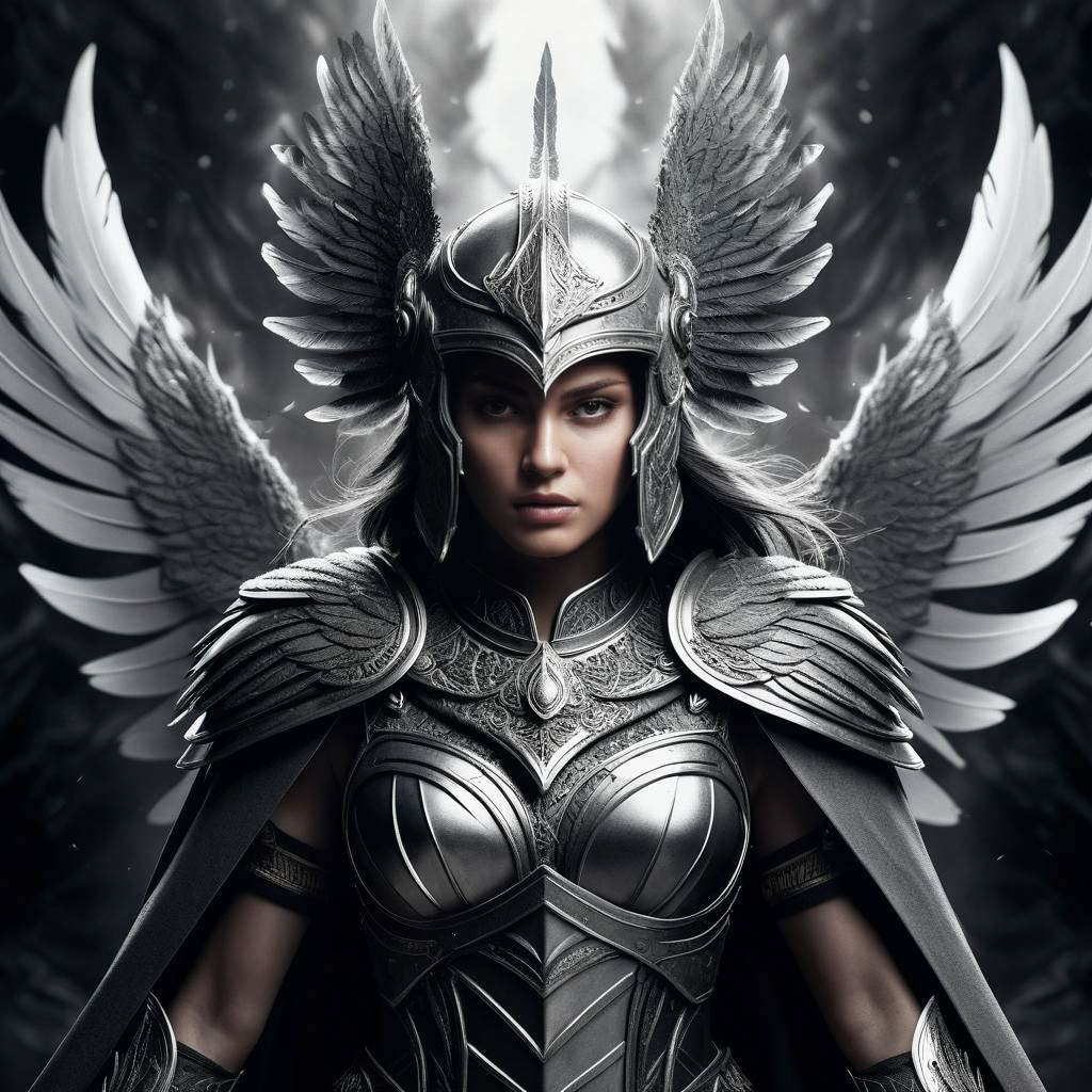 Fierce Woman Warrior in Silver Armor with Wings