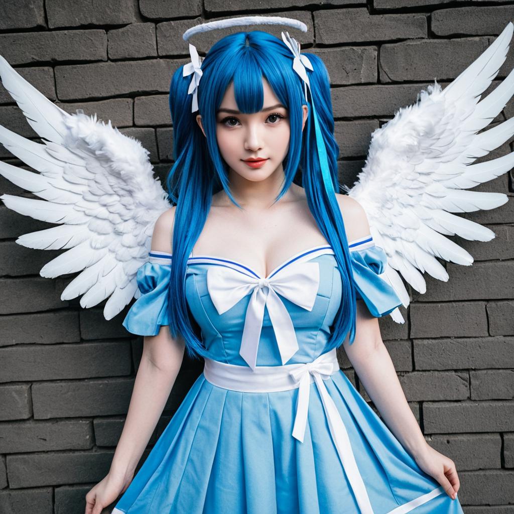 Amatsuka Uto Angel Cosplay with Blue Hair and White Feather Wings