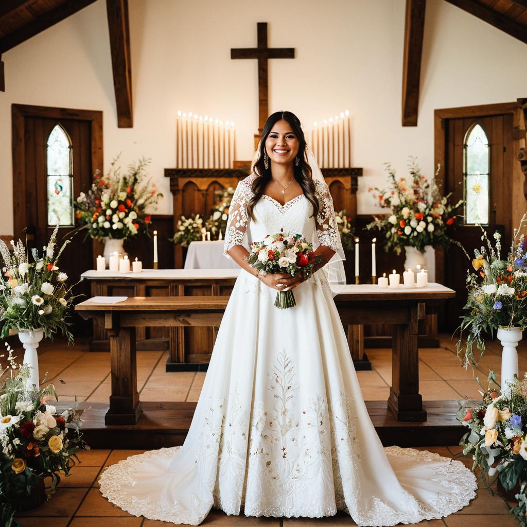 Smiling Bride in Elegant Wedding Dress Holding Bouquet in Chapel