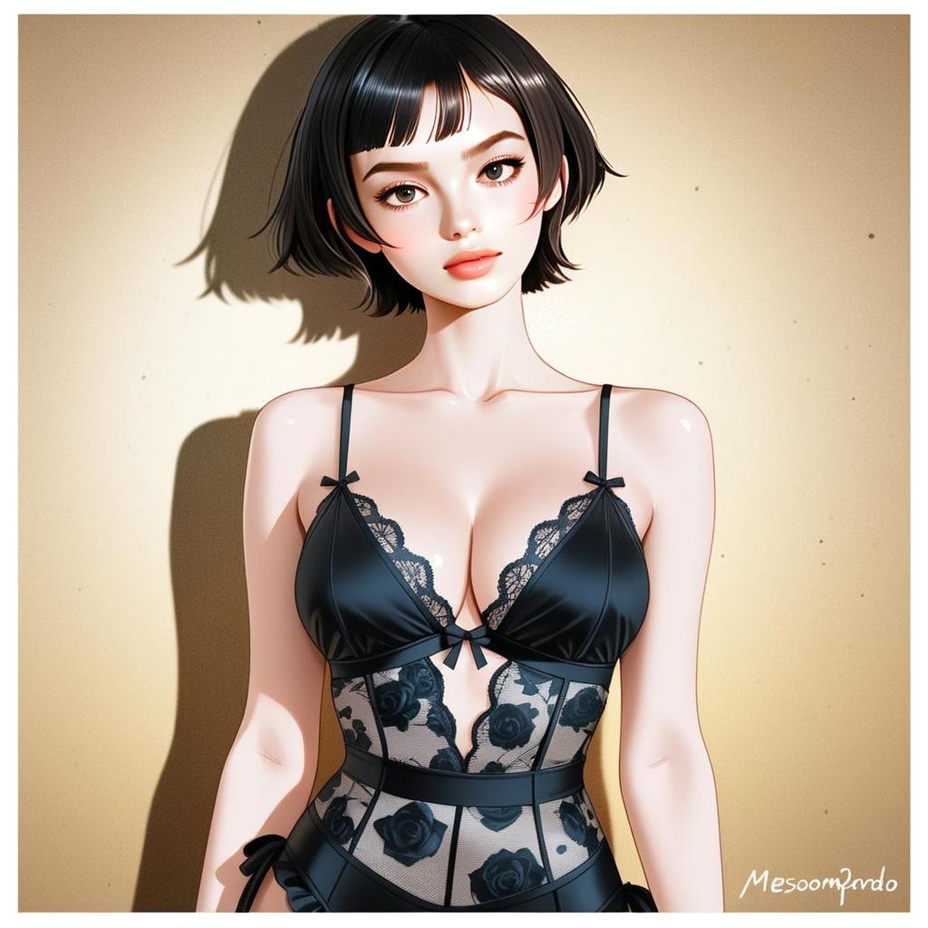 Stylized Woman in Black Lace Lingerie Digital Art Illustration