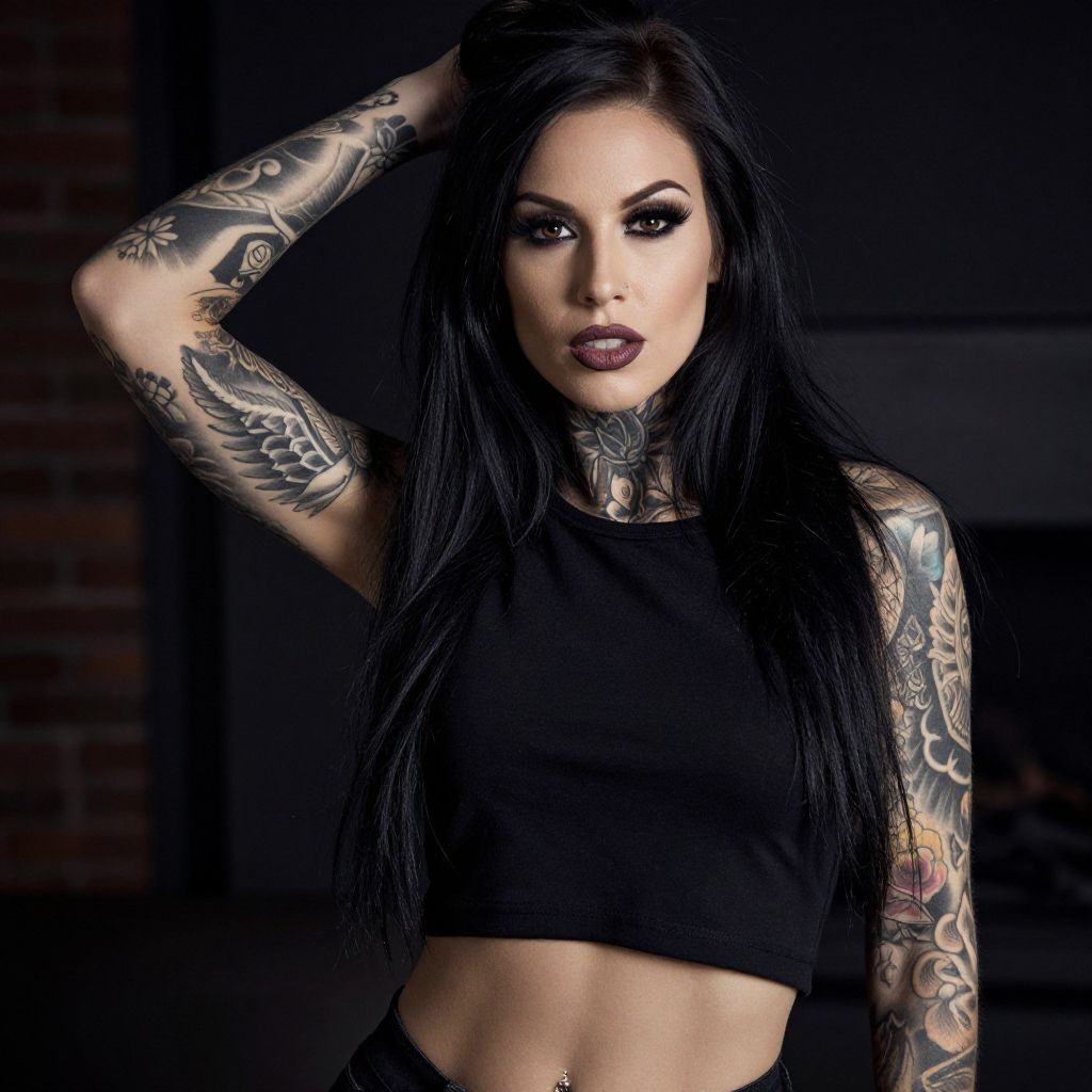 Tattooed Woman with Black Hair in Crop Top Posing Confidently