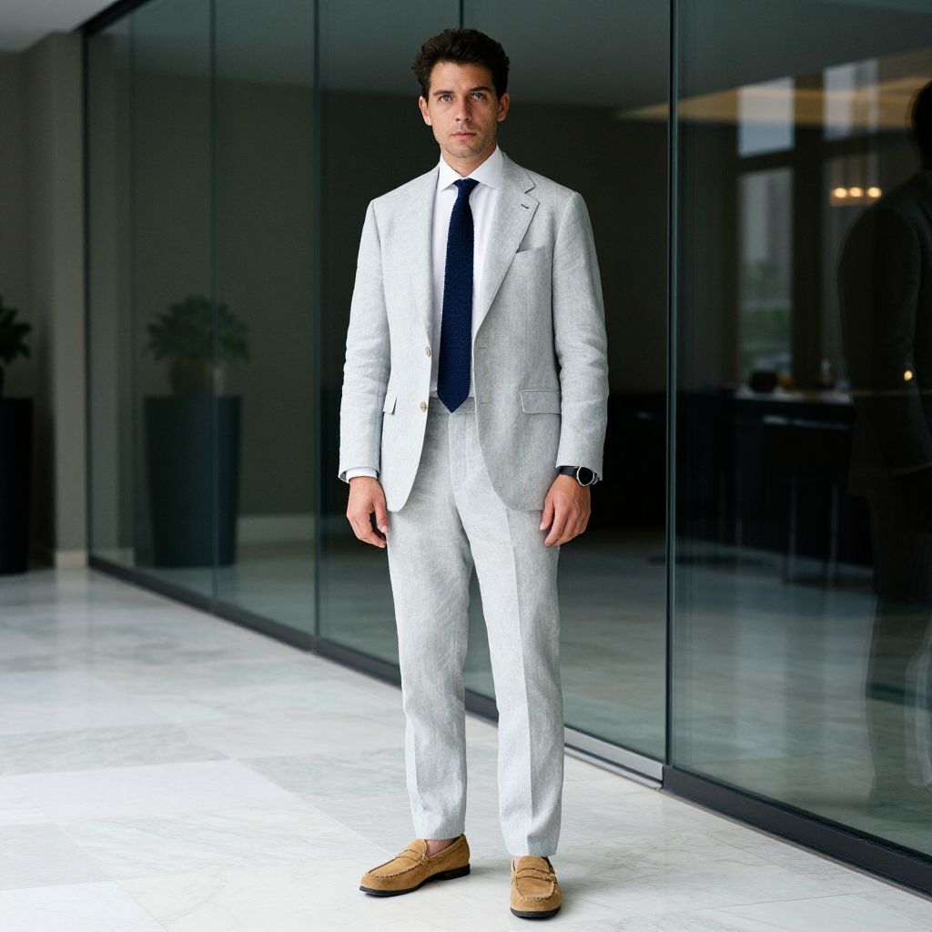 Man in Light Grey Suit with Navy Tie Standing in Modern Office