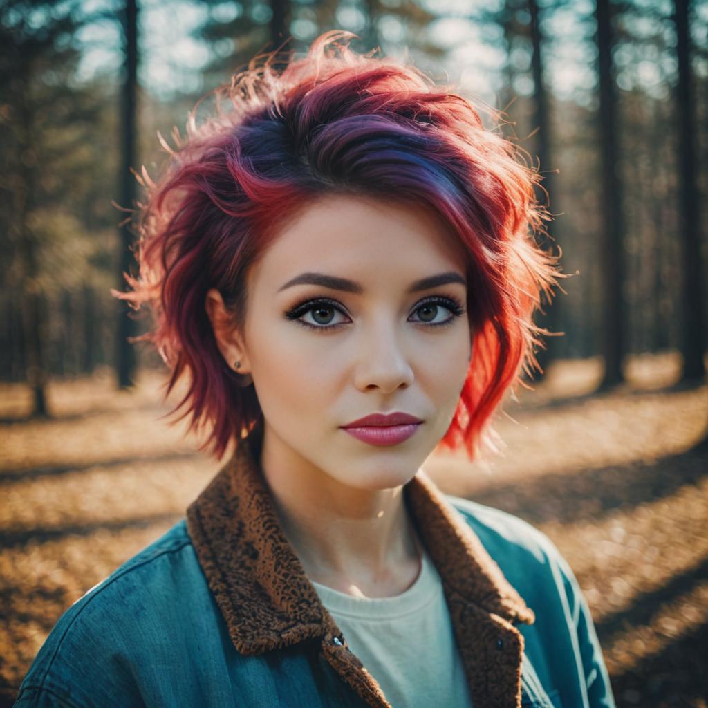 Woman with Trendy Wolf Cut in Vibrant Woodland