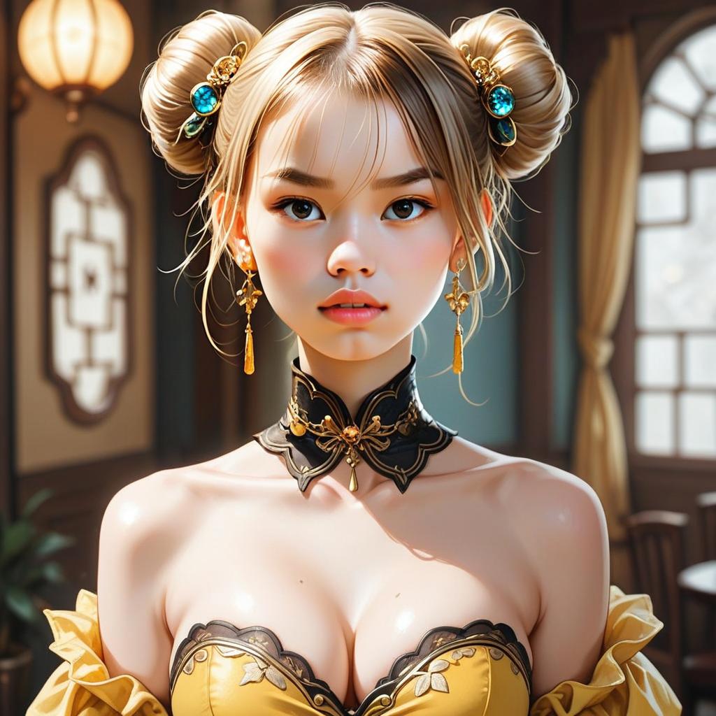Elegant Fantasy Woman Portrait in Detailed Anime Style with Gold Accessories