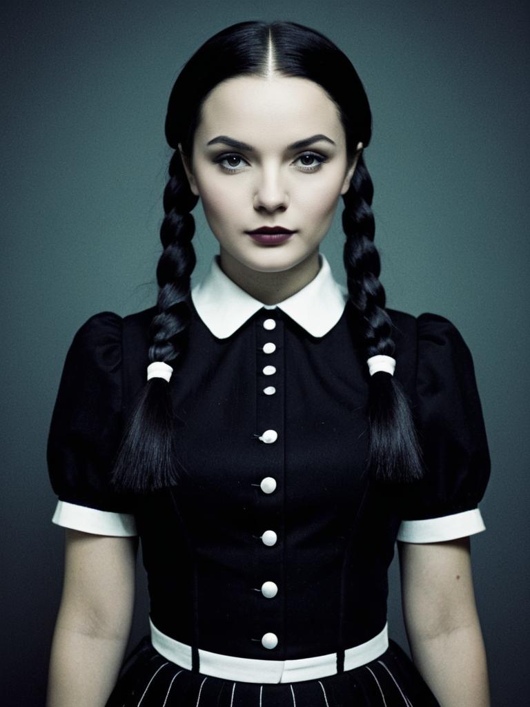 Woman in Wednesday Addams Costume Waist Up Editorial Portrait