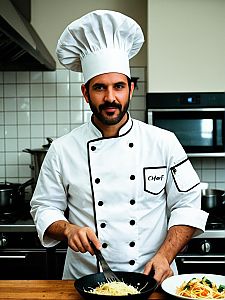 Professional Man Chef in Traditional Chef Costume Preparing Pasta Dish