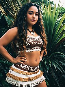Woman in Slutty Moana Costume with Tribal Patterns and Fringe