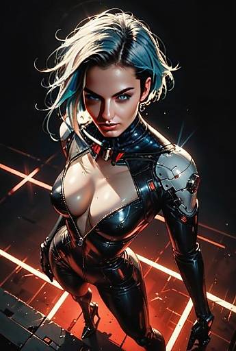 Cyberpunk Woman in Futuristic Leather Suit with Cybernetic Enhancements