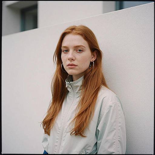 Portrait of Young Woman with Red Hair in Minimalist Urban Setting