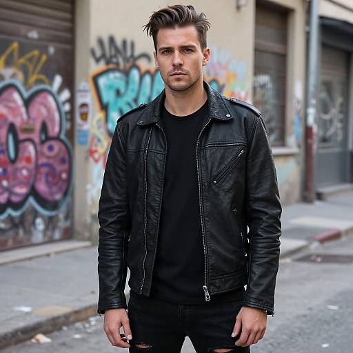 Young Man in Black Leather Jacket on Graffiti Urban Street