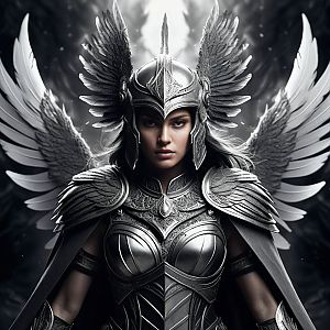 Fierce Woman Warrior in Silver Armor with Wings