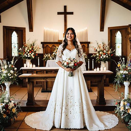 Smiling Bride in Elegant Wedding Dress Holding Bouquet in Chapel