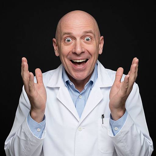 Excited Male Doctor in White Lab Coat Expressing Joy