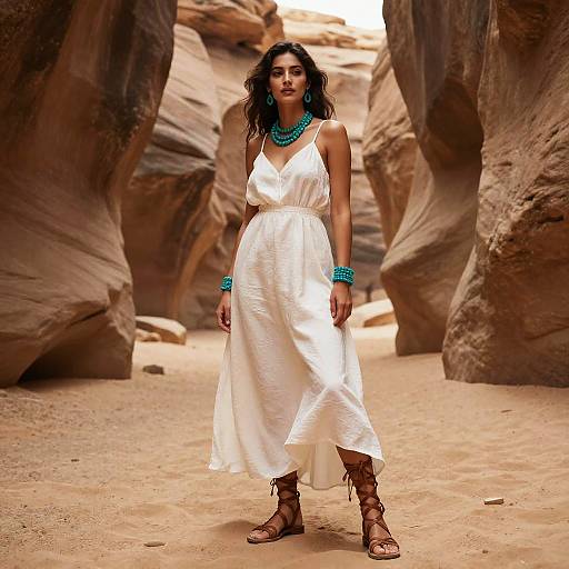 Woman in White Dress with Turquoise Jewelry in Desert Canyon