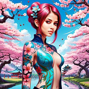 Anime Style Woman with Floral Tattoos in Cherry Blossom Japanese Garden