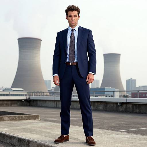 Businessman in Navy Suit Standing on Rooftop with Industrial Cooling Towers