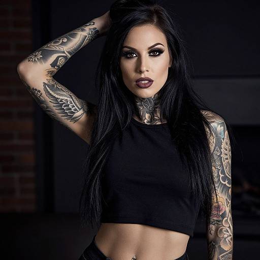 Tattooed Woman with Black Hair in Crop Top Posing Confidently
