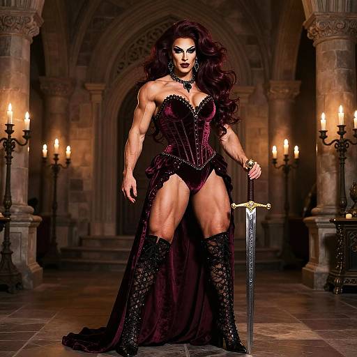 Powerful Woman in Gothic Warrior Queen Costume Holding Sword