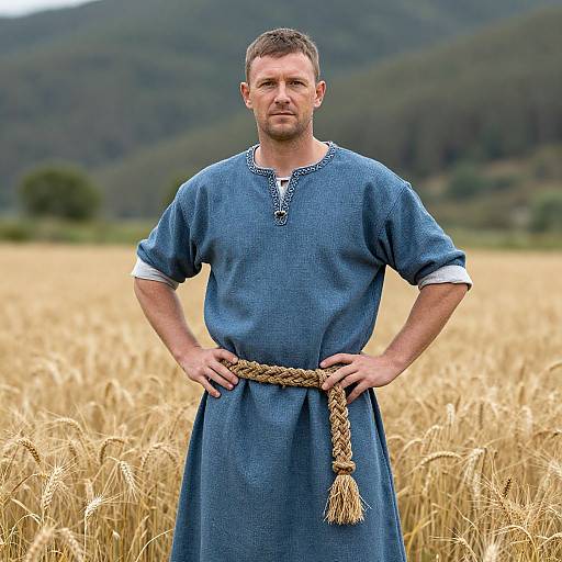 Man in Traditional Medieval Blue Tunic Standing in Wheat Field