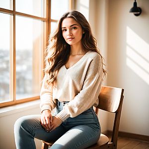Young Woman in Cozy Sweater by Window
