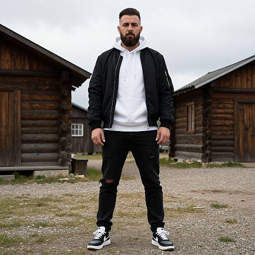 Casual Man Standing Between Wooden Cabins in Streetwear Outfit