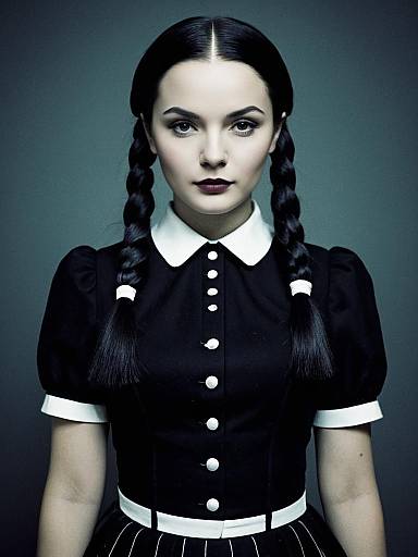 Woman in Wednesday Addams Costume Waist Up Editorial Portrait