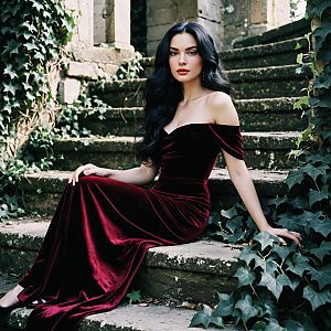 Elegant Woman in Burgundy Velvet Gown on Stone Steps
