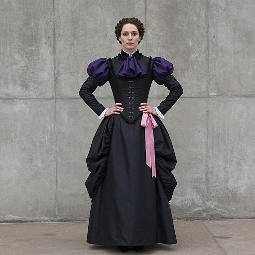 Victorian Era Woman in Historical Black and Purple Dress with Pink Ribbon